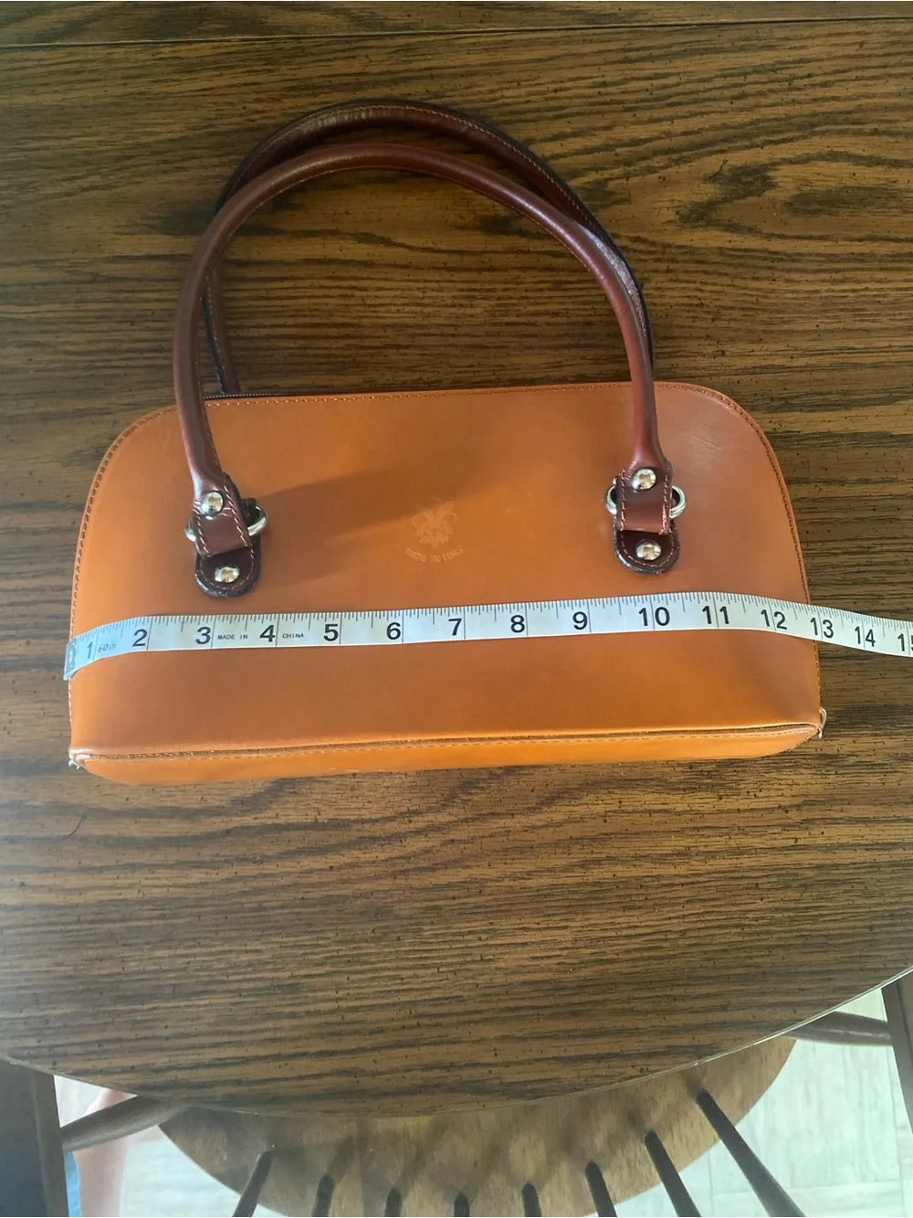 VTG Italian Cognac Leather Structured Satchel Handbag Fleur De Lis Made In Italy